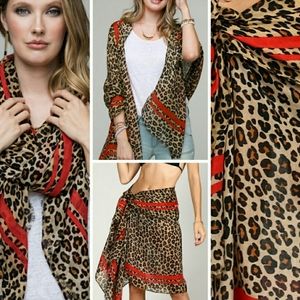 Ruggine Leopard Print Sarong Scarf Beach Wrap Coverup Shawl - Red